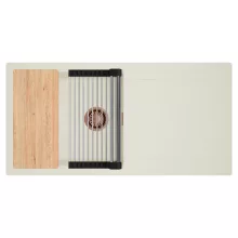 HD Onyx White 100 egymedencés mosogatótálca szett, vágódeszkával, acél csepegtetőráccsal, csepegtetőtálcával, tört fehér színben, szálcsiszolt réz leeresztő szifonnal