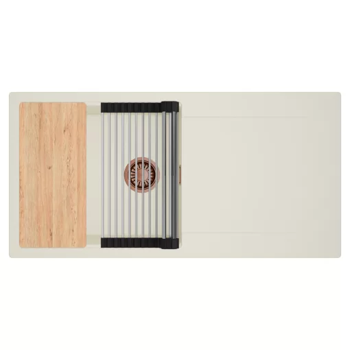 HD Onyx White 100 egymedencés mosogatótálca szett, vágódeszkával, acél csepegtetőráccsal, csepegtetőtálcával, tört fehér színben, szálcsiszolt réz leeresztő szifonnal