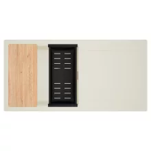 HD Onyx White 100 egymedencés mosogatótálca szett, vágódeszkával, matt fekete csepegtetőkosárral, csepegtetőtálcával, tört fehér színben, szálcsiszolt réz leeresztő szifonnal