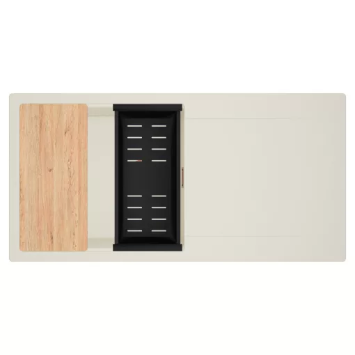 HD Onyx White 100 egymedencés mosogatótálca szett, vágódeszkával, matt fekete csepegtetőkosárral, csepegtetőtálcával, tört fehér színben, szálcsiszolt réz leeresztő szifonnal