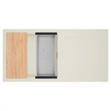 HD Onyx White 100 egymedencés mosogatótálca szett, vágódeszkával, acél csepegtetőkosárral, csepegtetőtálcával, tört fehér színben, szálcsiszolt réz leeresztő szifonnal