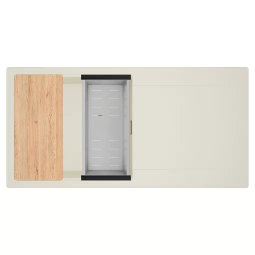 HD Onyx White 100 egymedencés mosogatótálca szett, vágódeszkával, acél csepegtetőkosárral, csepegtetőtálcával, tört fehér színben, szálcsiszolt réz leeresztő szifonnal