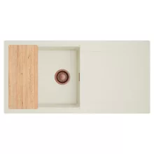 HD Onyx White 100 egymedencés mosogatótálca, vágódeszkával, csepegtetőtálcával, tört fehér színben, szálcsiszolt réz leeresztő szifonnal