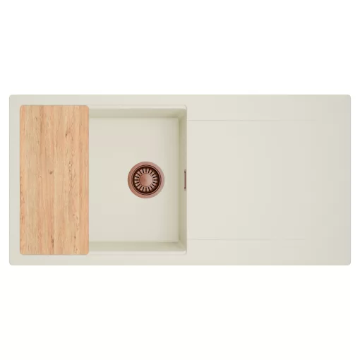 HD Onyx White 100 egymedencés mosogatótálca, vágódeszkával, csepegtetőtálcával, tört fehér színben, szálcsiszolt réz leeresztő szifonnal