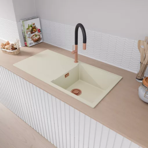 HD Onyx White 100 egymedencés mosogatótálca, vágódeszkával, csepegtetőtálcával, tört fehér színben, szálcsiszolt réz leeresztő szifonnal