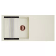 HD Onyx White 100 egymedencés mosogatótálca szett, acél csepegtetőráccsal, csepegtetőtálcával, tört fehér színben, szálcsiszolt réz leeresztő szifonnal