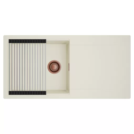 HD Onyx White 100 egymedencés mosogatótálca szett, acél csepegtetőráccsal, csepegtetőtálcával, tört fehér színben, szálcsiszolt réz leeresztő szifonnal