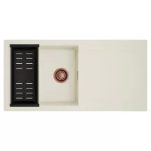 HD Onyx White 100 egymedencés mosogatótálca szett, matt fekete csepegtetőkosárral, csepegtetőtálcával, tört fehér színben, szálcsiszolt réz leeresztő szifonnal