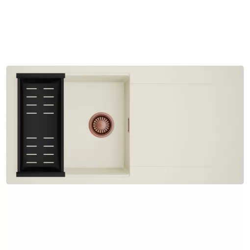 HD Onyx White 100 egymedencés mosogatótálca szett, matt fekete csepegtetőkosárral, csepegtetőtálcával, tört fehér színben, szálcsiszolt réz leeresztő szifonnal