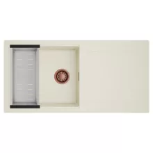 HD Onyx White 100 egymedencés mosogatótálca szett, acél csepegtetőkosárral, csepegtetőtálcával, tört fehér színben, szálcsiszolt réz leeresztő szifonnal