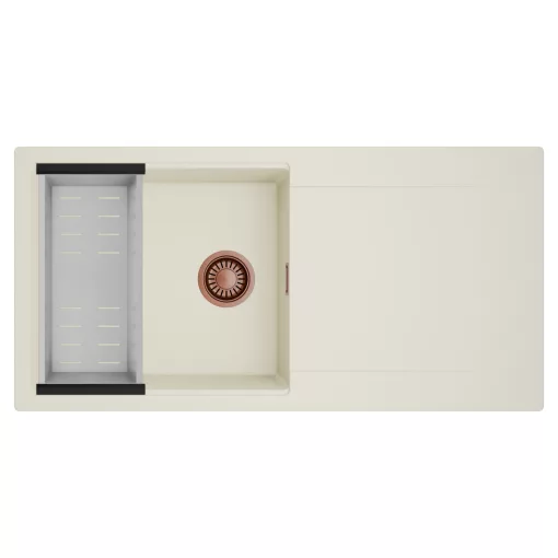 HD Onyx White 100 egymedencés mosogatótálca szett, acél csepegtetőkosárral, csepegtetőtálcával, tört fehér színben, szálcsiszolt réz leeresztő szifonnal