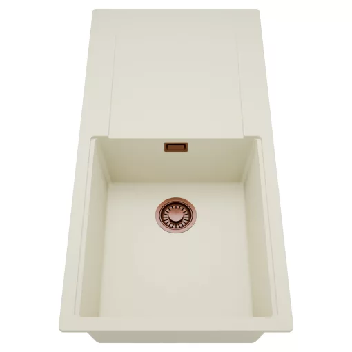 HD Onyx White 100 egymedencés mosogatótálca, csepegtetőtálcával, tört fehér színben, szálcsiszolt réz leeresztő szifonnal