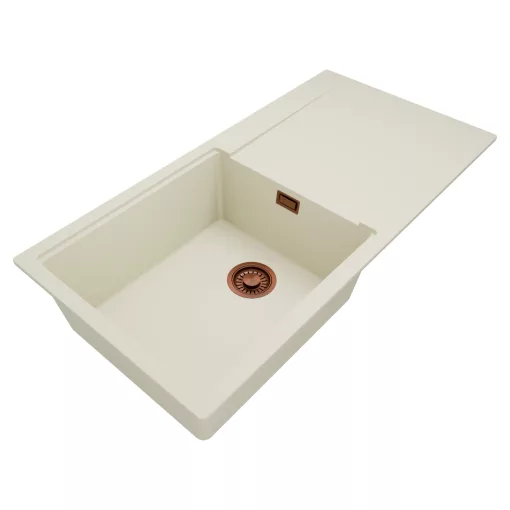 HD Onyx White 100 egymedencés mosogatótálca, csepegtetőtálcával, tört fehér színben, szálcsiszolt réz leeresztő szifonnal