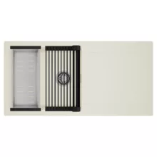 HD Onyx White 100 egymedencés mosogatótálca szett, matt fekete csepegtetőráccsal és krómozott kosárral, csepegtetőtálcával, tört fehér színben