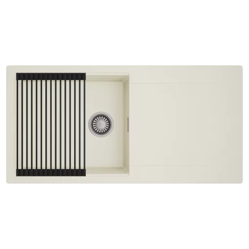 HD Onyx White 100 egymedencés mosogatótálca szett, matt fekete csepegtetőráccsal, csepegtetőtálcával, tört fehér színben