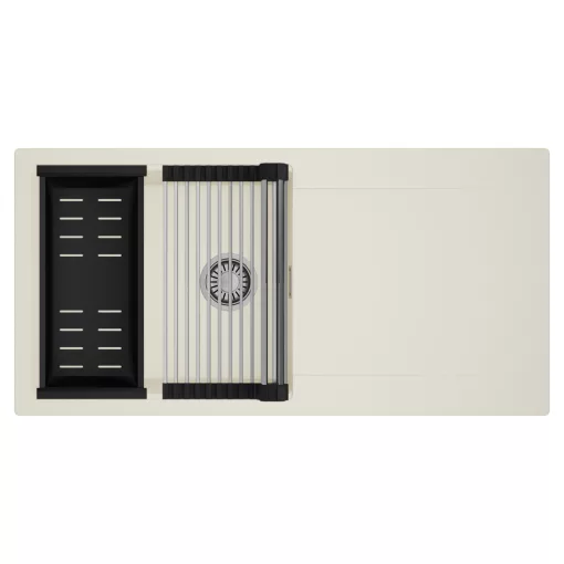 HD Onyx White 100 egymedencés mosogatótálca szett, acél csepegtetőráccsal és matt fekete kosárral, csepegtetőtálcával, tört fehér színben