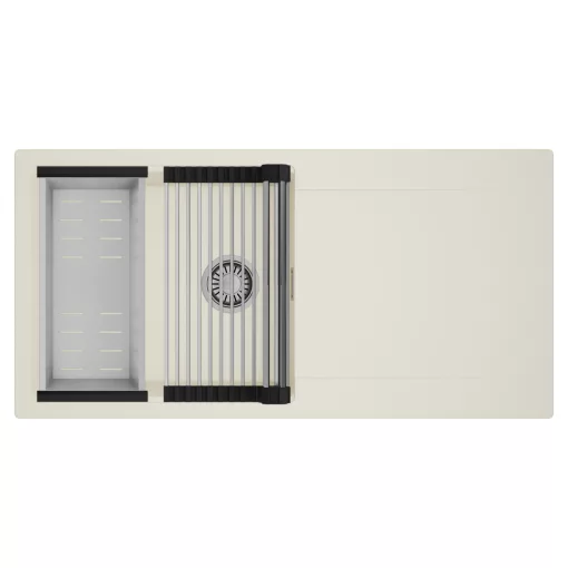 HD Onyx White 100 egymedencés mosogatótálca szett, acél csepegtetőráccsal és kosárral, csepegtetőtálcával, tört fehér színben