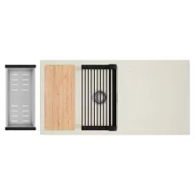 HD Onyx White 100 egymedencés mosogatótálca szett, vágódeszkával, matt fekete csepegtetőráccsal és krómozott kosárral, csepegtetőtálcával, tört fehér színben