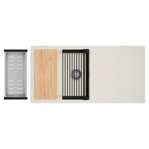 HD Onyx White 100 egymedencés mosogatótálca szett, vágódeszkával, matt fekete csepegtetőráccsal és krómozott kosárral, csepegtetőtálcával, tört fehér színben