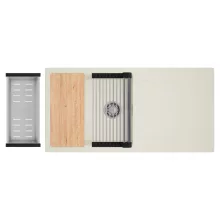 HD Onyx White 100 egymedencés mosogatótálca szett, vágódeszkával, acél csepegtetőráccsal és kosárral, csepegtetőtálcával, tört fehér színben