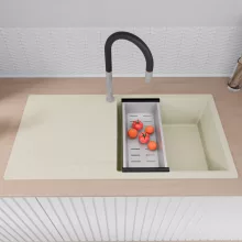 HD Onyx White 100 egymedencés mosogatótálca szett, vágódeszkával, acél csepegtetőráccsal és kosárral, csepegtetőtálcával, tört fehér színben