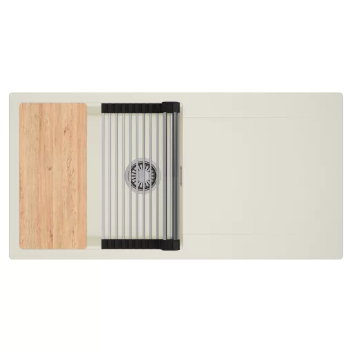 HD Onyx White 100 egymedencés mosogatótálca szett, vágódeszkával, acél csepegtetőráccsal, csepegtetőtálcával, tört fehér színben