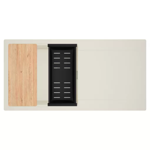 HD Onyx White 100 egymedencés mosogatótálca szett, vágódeszkával, matt fekete csepegtetőkosárral, csepegtetőtálcával, tört fehér színben