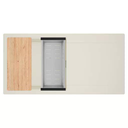 HD Onyx White 100 egymedencés mosogatótálca szett, vágódeszkával, acél csepegtetőkosárral, csepegtetőtálcával, tört fehér színben