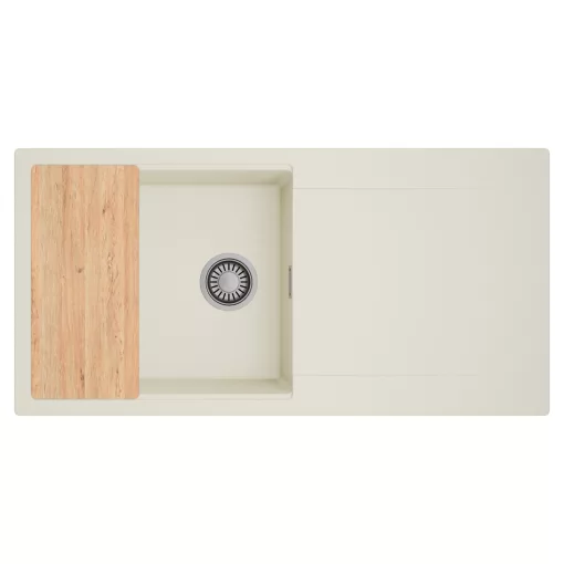 HD Onyx White 100 egymedencés mosogatótálca, vágódeszkával, csepegtetőtálcával, tört fehér színben