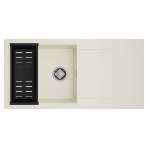 HD Onyx White 100 egymedencés mosogatótálca szett, matt fekete csepegtetőkosárral, csepegtetőtálcával, tört fehér színben