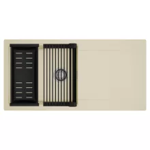 HD Onyx Beige 100 egymedencés mosogatótálca szett, matt fekete csepegtetőráccsal és kosárral, csepegtetőtálcával, soft bézs színben, szálcsiszolt króm leeresztő szifonnal