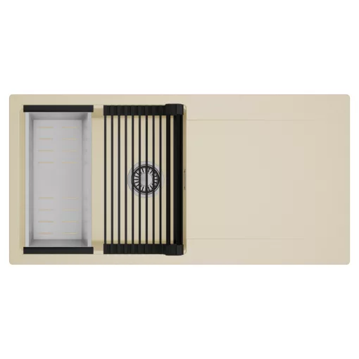 HD Onyx Beige 100 egymedencés mosogatótálca szett, matt fekete csepegtetőráccsal és krómozott kosárral, csepegtetőtálcával, soft bézs színben, szálcsiszolt króm leeresztő szifonnal