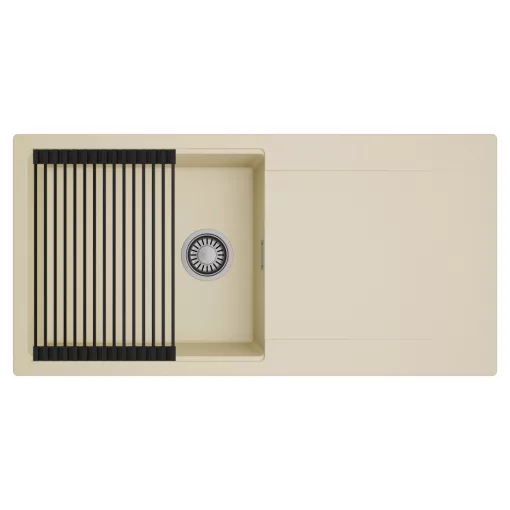 HD Onyx Beige 100 egymedencés mosogatótálca szett, matt fekete csepegtetőráccsal, csepegtetőtálcával, soft bézs színben, szálcsiszolt króm leeresztő szifonnal