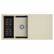 HD Onyx Beige 100 egymedencés mosogatótálca szett, acél csepegtetőráccsal és matt fekete kosárral, csepegtetőtálcával, soft bézs színben, szálcsiszolt króm leeresztő szifonnal