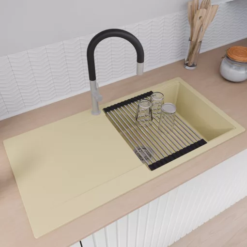 HD Onyx Beige 100 egymedencés mosogatótálca szett, acél csepegtetőráccsal és matt fekete kosárral, csepegtetőtálcával, soft bézs színben, szálcsiszolt króm leeresztő szifonnal