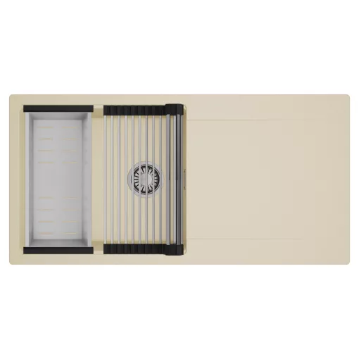 HD Onyx Beige 100 egymedencés mosogatótálca szett, acél csepegtetőráccsal és kosárral, csepegtetőtálcával, soft bézs színben, szálcsiszolt króm leeresztő szifonnal