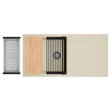 HD Onyx Beige 100 egymedencés gránit mosogatótálca szett, csepegtetőtálcával, vágódeszkával, matt fekete csepegtetőráccsal és krómozott kosárral, soft bézs színben, szálcsiszolt króm leeresztő szifonnal