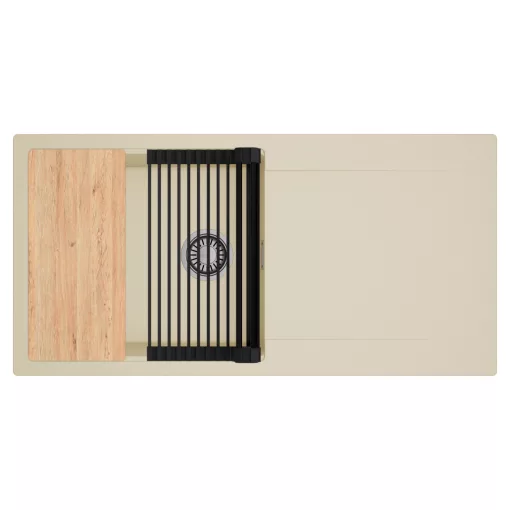 HD Onyx Beige 100 egymedencés gránit mosogatótálca szett, csepegtetőtálcával, vágódeszkával, matt fekete csepegtetőráccsal, soft bézs színben, szálcsiszolt króm leeresztő szifonnal