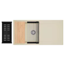 HD Onyx Beige 100 egymedencés gránit mosogatótálca szett, csepegtetőtálcával, vágódeszkával, acél csepegtetőráccsal és matt fekete kosárral, soft bézs színben, szálcsiszolt króm leeresztő szifonnal