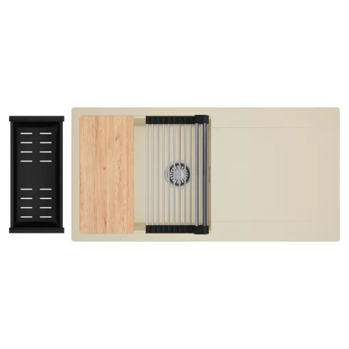 HD Onyx Beige 100 egymedencés gránit mosogatótálca szett, csepegtetőtálcával, vágódeszkával, acél csepegtetőráccsal és matt fekete kosárral, soft bézs színben, szálcsiszolt króm leeresztő szifonnal