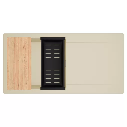 HD Onyx Beige 100 egymedencés gránit mosogatótálca szett, csepegtetőtálcával, vágódeszkával, matt fekete csepegtetőkosárral, soft bézs színben, szálcsiszolt króm leeresztő szifonnal