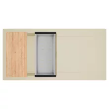 HD Onyx Beige 100 egymedencés gránit mosogatótálca szett, csepegtetőtálcával, vágódeszkával, acél csepegtetőkosárral, soft bézs színben, szálcsiszolt króm leeresztő szifonnal