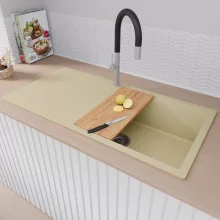 HD Onyx Beige 100 egymedencés gránit mosogatótálca szett, csepegtetőtálcával, vágódeszkával, acél csepegtetőkosárral, soft bézs színben, szálcsiszolt króm leeresztő szifonnal