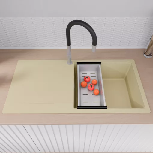 HD Onyx Beige 100 egymedencés gránit mosogatótálca szett, csepegtetőtálcával, vágódeszkával, acél csepegtetőkosárral, soft bézs színben, szálcsiszolt króm leeresztő szifonnal