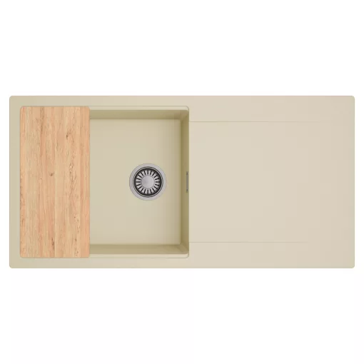 HD Onyx Beige 100 egymedencés gránit mosogatótálca, vágódeszkával, soft bézs színben, szálcsiszolt króm leeresztő szifonnal