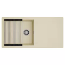 HD Onyx Beige 100 egymedencés mosogatótálca szett, acél csepegtetőráccsal, csepegtetőtálcával, soft bézs színben, szálcsiszolt króm leeresztő szifonnal