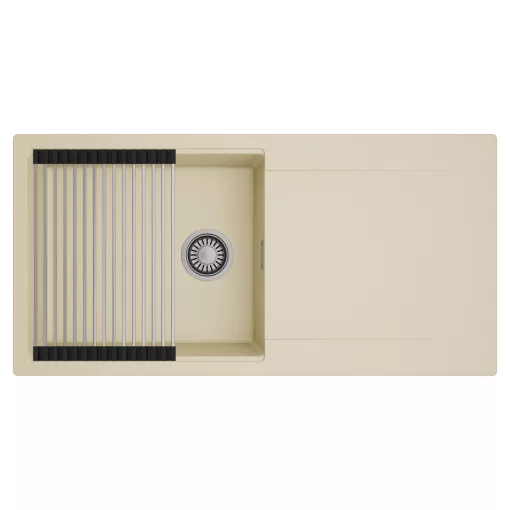 HD Onyx Beige 100 egymedencés mosogatótálca szett, acél csepegtetőráccsal, csepegtetőtálcával, soft bézs színben, szálcsiszolt króm leeresztő szifonnal