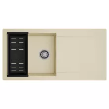 HD Onyx Beige 100 egymedencés mosogatótálca szett, matt fekete csepegtetőkosárral, csepegtetőtálcával, soft bézs színben, szálcsiszolt króm leeresztő szifonnal