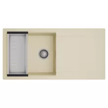 HD Onyx Beige 100 egymedencés mosogatótálca szett, acél csepegtetőkosárral, csepegtetőtálcával, soft bézs színben, szálcsiszolt króm leeresztő szifonnal