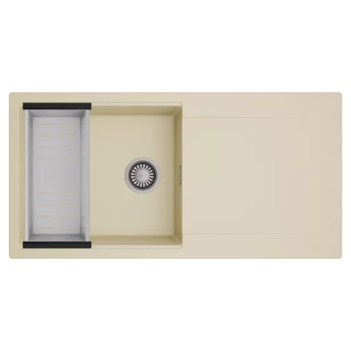 HD Onyx Beige 100 egymedencés mosogatótálca szett, acél csepegtetőkosárral, csepegtetőtálcával, soft bézs színben, szálcsiszolt króm leeresztő szifonnal